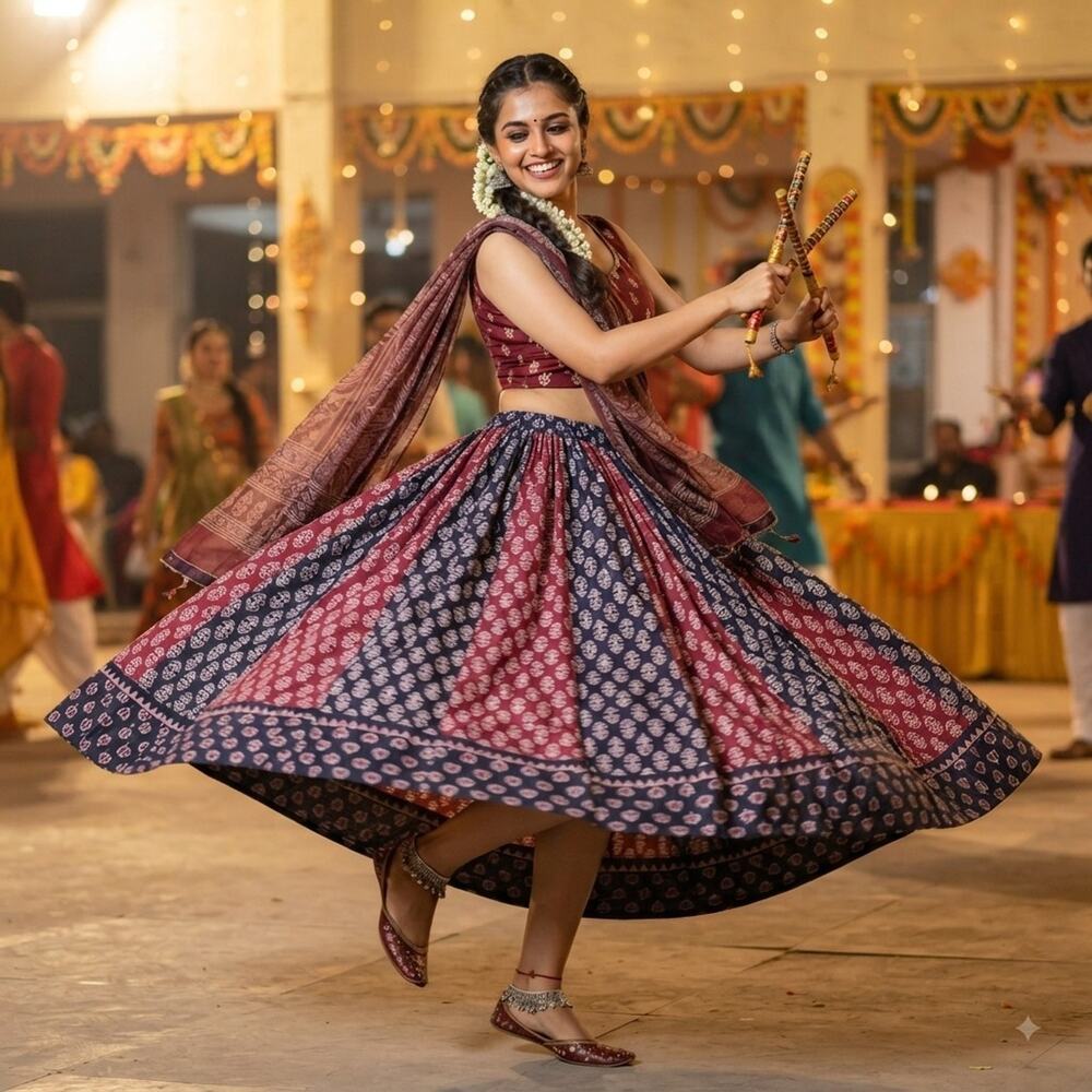 Indian Motifs AJRAK Print Long Ghaghra Skirt Maroon black  free size NWOT